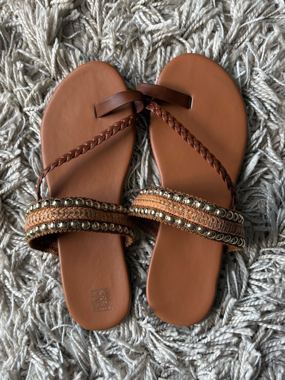 Brown Braided Beaded Toe-Loop Sandals - Women